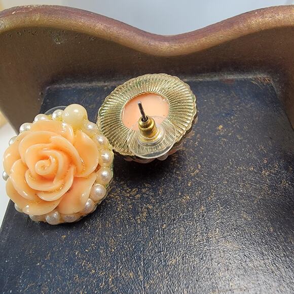 Peach Rose Stud Earrings with Pearl Border, Vintage Floral Statement Jewelry - Picture 6 of 10